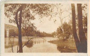 1920s RPPC Real Photo Postcard Lake Scene House Tower