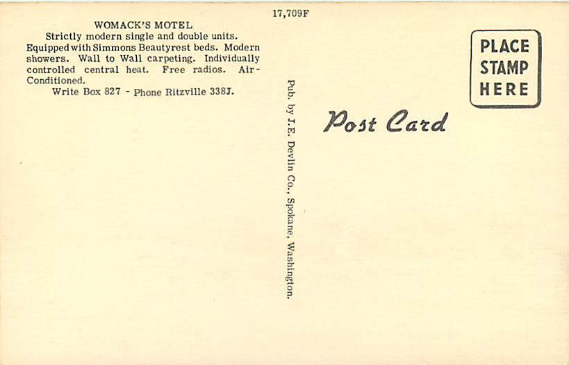 WA, Ritzville, Washington, Womack's Motel, Devlin Co No 17,709F