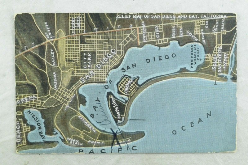 C.1910 Relief Map of San Diego and Bay, Cal. Vintage Postcard P106