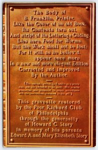 Circa 1957, Plaque, Ben Franklin's Grave,Philideplia PA Postcard