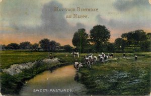 Floral vintage greetings postcard Birthday card sweet pastures cows England