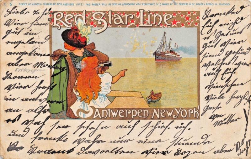 RED STAR LINE~ANTWERPEN-NEW YORK-ARTIST H CASSIERS No 1~POSTCARD 1907 PMK