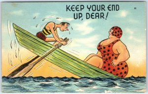 c1940s Keep Your End Up Dear Comic Large Lady Row Boat Linen PC Fat Woman A294