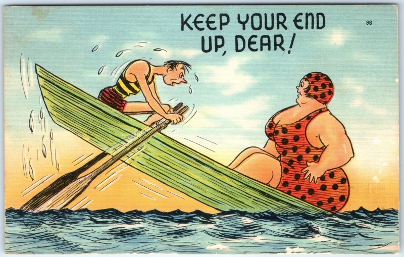 c1940s Keep Your End Up Dear Comic Large Lady Row Boat Linen PC Fat Woman A294
