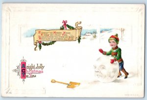 c1910's Christmas Boy With Snowball Winter Scene Berries Embossed Postcard