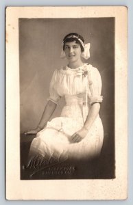 RPPC Young Lady in White Dress with Hair Bow AZO 1904-1918 ANTIQUE Postcard 1505