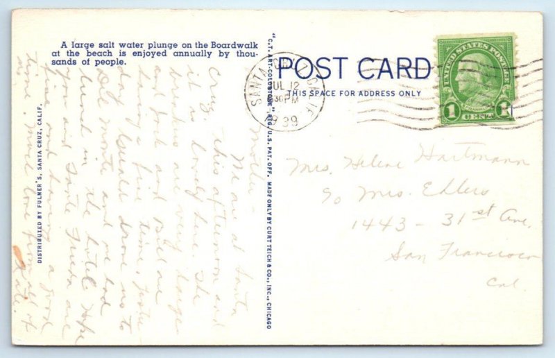 SANTA CRUZ, CA  ~ The PLUNGE on the BOARDWALD  1939 Linen Postcard 