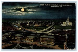 c1910 Union Station State Capitol Night Moon Providence Rhode Island RI Postcard
