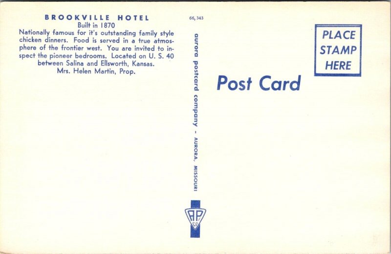 Brookville Hotel on US 40 Between Salina and Ellsworth KS Vintage Postcard Q41