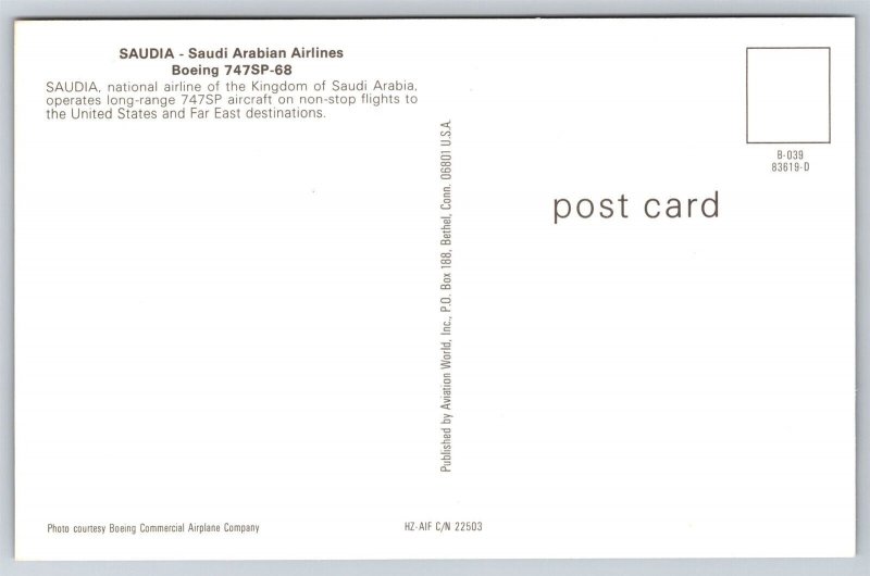 Airplane Postcard Saudia Saudi Arabian Airlines Airways Boeing 747SP-68 FZ7