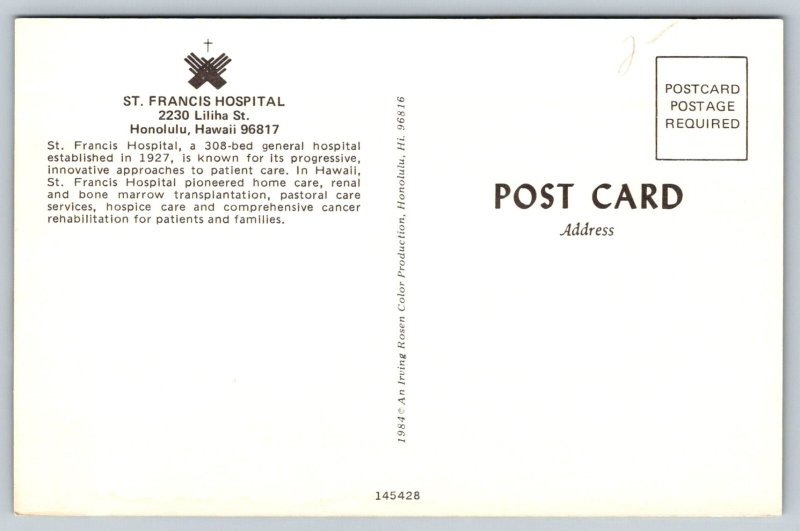 St. Francis Hospital   Honolulu  Hawaii  Postcard