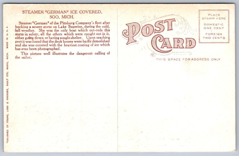 K24/ Soo Michigan Postcard c1910 Steamer Ship German Winter Ice 191