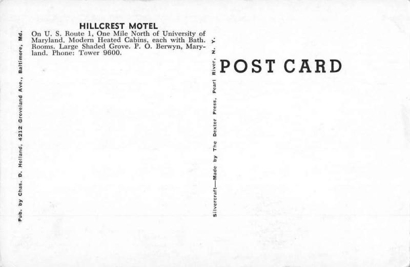 Berwyn Maryland Hillcrest Motel Street View Antique Postcard K80066