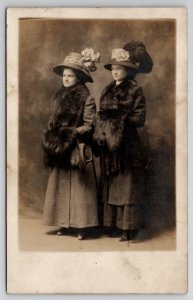 RPPC Two Lovely Ladies Fancy Hats Coats Muffs Studio Photo Postcard P26