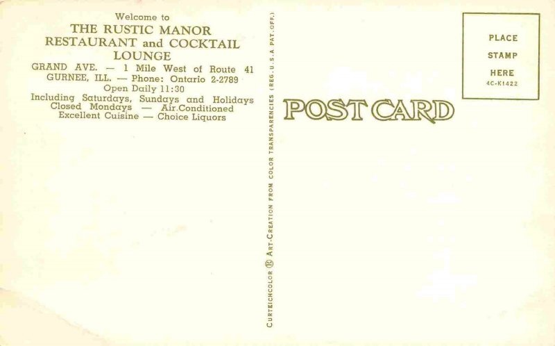 Rustic Manor Restaurant Cocktail Lounge Gurnee Illinois postcard