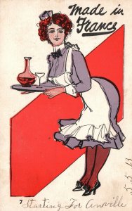 Made In France Lady Waitress Drinks On Trey Vintage Postcard 1907