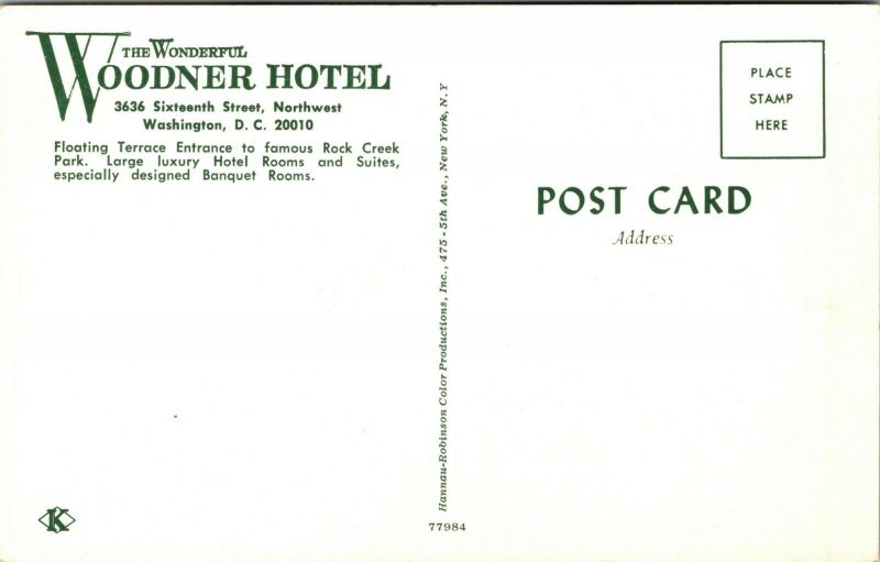 VINTAGE The Woodner Hotel Washington DC UNPOSTED POSTCARD