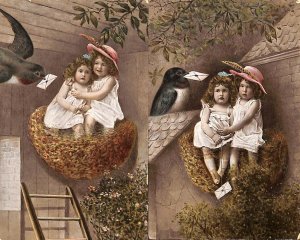 Swallow bird nest charming girls surrealism unit of 2 vintage fantasy postcards 