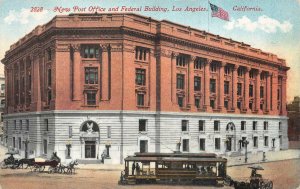 NEW POST OFFICE & FEDERAL BUILDING LOS ANGELES CALIFORNIA TROLLEY POSTCARD 1917