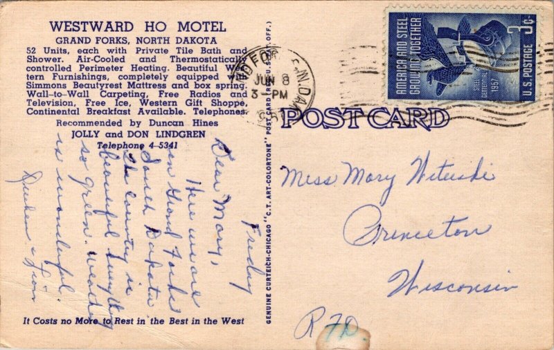 Linen Postcard Westward Ho Motel U.S. Highway 2 in Grand Forks, North Dakota 