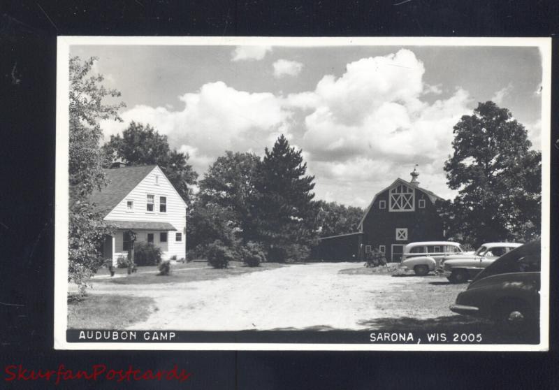 RPPC SARONA WISCONSIN 1940's CARS AUDUBON CAMP VINTAGE REAL PHOTO POSTCARD