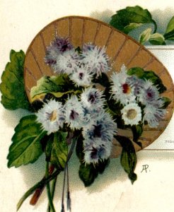 1880s Victorian New Year's Card Wildflowers Fan Asian Motif 7D