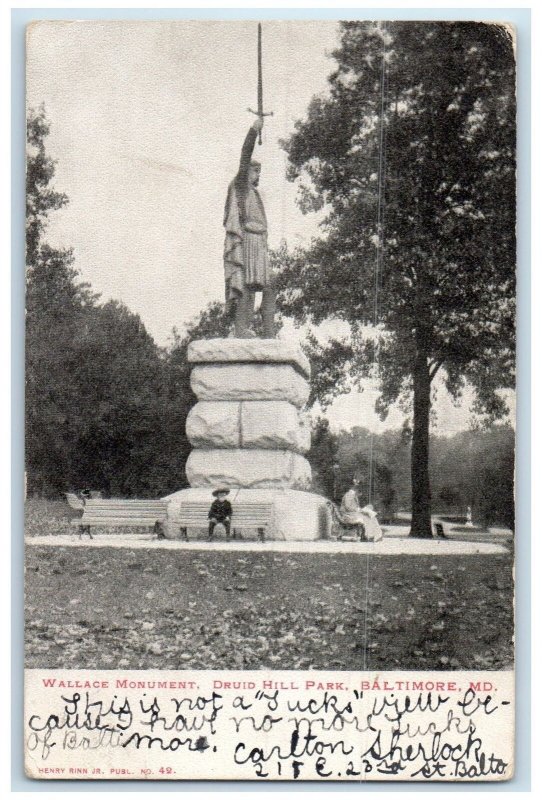 1908 Wallace Monument Druid Hill Kid On Bench Baltimore Maryland MD Postcard