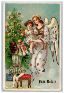 c1910s Christmas Tree Angel Children Toys Embossed Gel Gold Gilt Posted Postcard