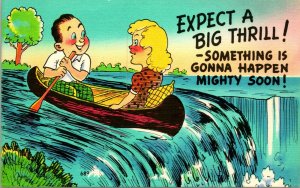 Vtg Linen Postcard Cartoon - Expect A Big Thril! Boat Over Waterfall UNP 