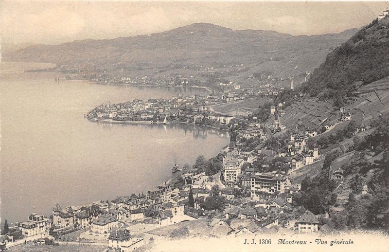 Montreux Switzerland Aerial View~Houses-Church-Hotel des Alpes-Harbor~c1910 Pc