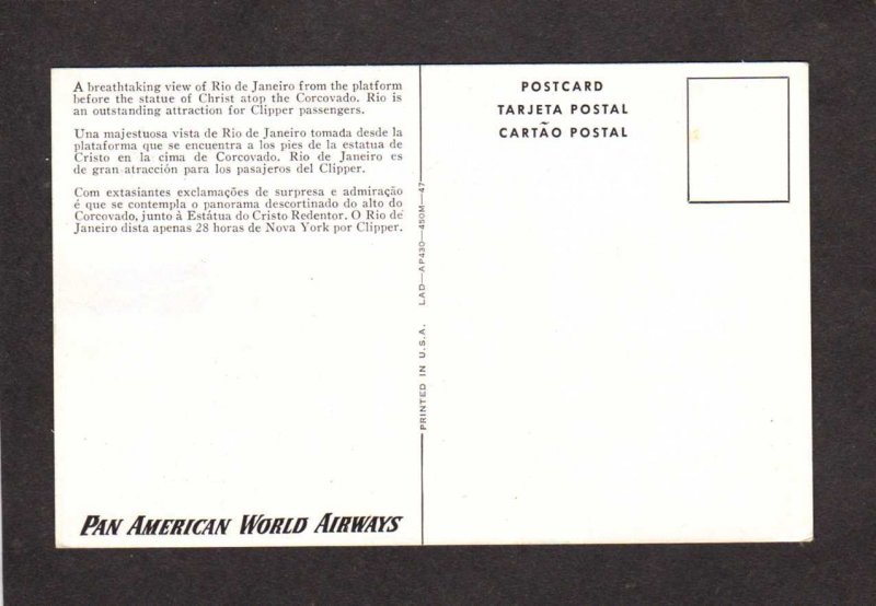 Rio de Janeiro Statue Christ Brazil Postcard, Pan American World Airways Brasil