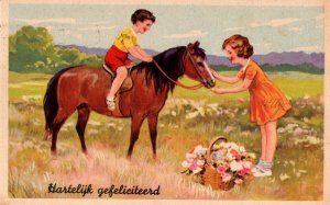 Two Cute Kids With Flowers And Horses Vintage Postcard 09.88