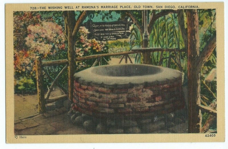 Ramona's Marriage Place Wishing Well Herz Postcards Old Town San Diego CA VPC1.