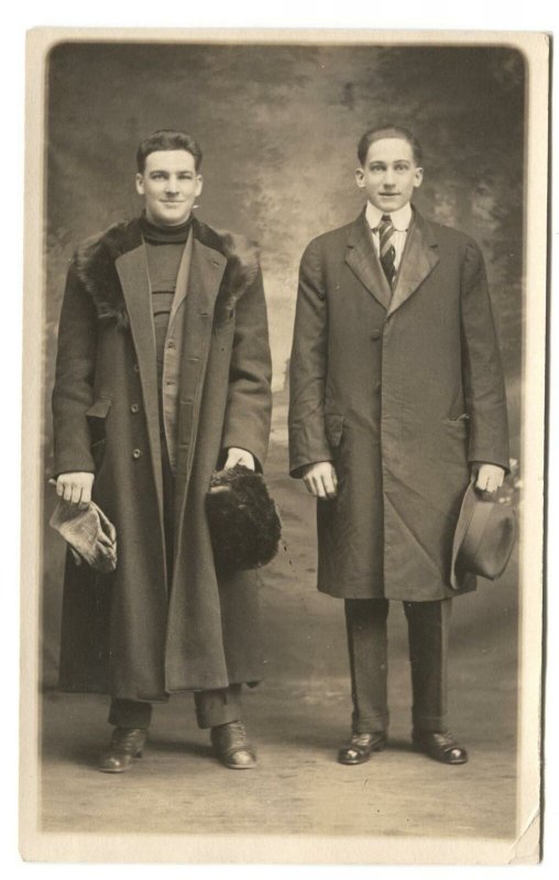 RPPC Postcard Men Long Trench Coats + Hats c. 1900s