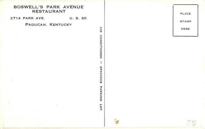 Paducah Kentucky Boswells Park Avenue Restaurant Antique Postcard K88363