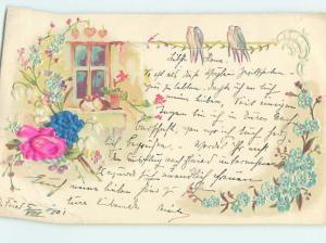 1901 foreign MANY BIRDS BY THE WINDOW WITH FORGET-ME-NOT FLOWERS HL9443