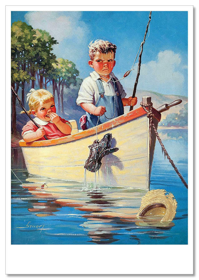 LITTLE BOY and GIRL Boat fishing Rod Funny Humor Russian Modern Postcard   Topics - Illustrators & Photographers - Illustrators - Signed - Other  Illu / HipPostcard