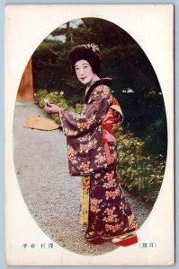 1920's JAPAN GEISHA GIRL HANETSUKI PADDLE HAGOITA & SHUTTLECOCK ANTIQUE POSTCARD