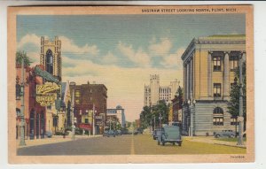 P2120, 1942 postcard old cars store signs etc saginaw street flint michigan
