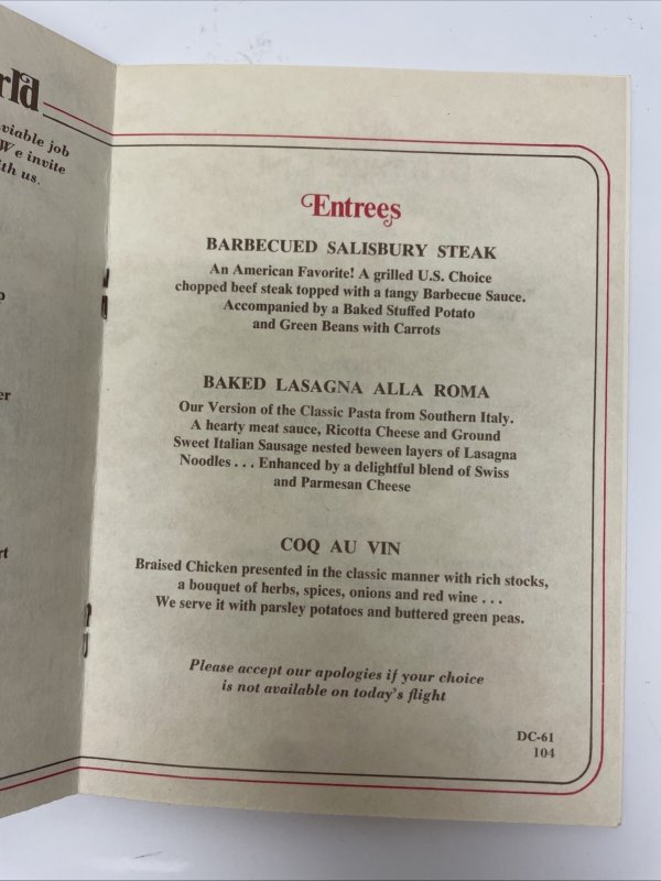 TWA Airlines Paris Flight Ambassador Service Lunch Menu
