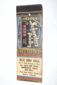 Schneider's Pale Dry Beer Blue Bird Grill Denver 20 Front Strike Matchbook Cover