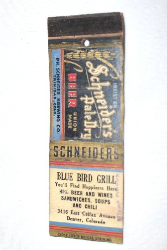 Schneider's Pale Dry Beer Blue Bird Grill Denver 20 Front Strike Matchbook Cover