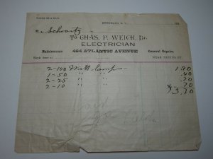 1920's Chas P Weich Dr. Electrician Brooklyn New York Lamps Letterhead