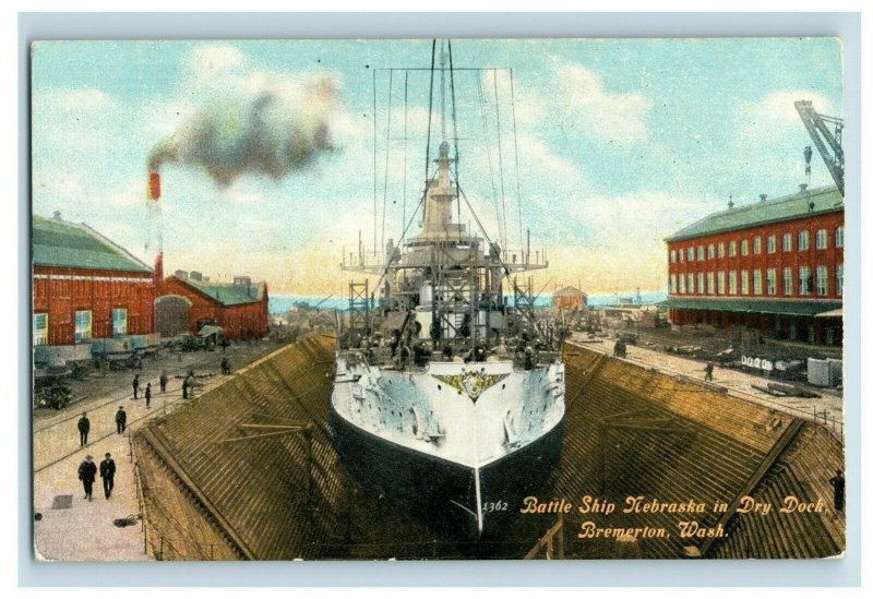 c1910 U.S.S Nebraska Battleship Dry Dock Bremerton, WA Vintage Postcard P118