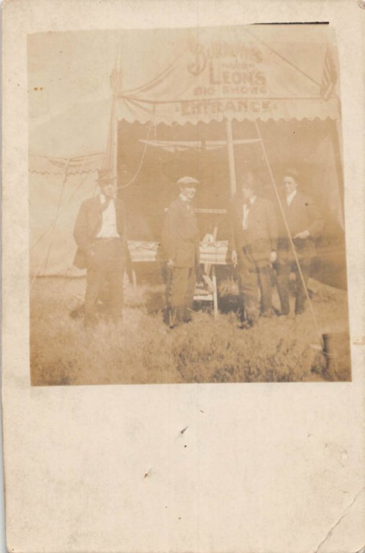 J80/ RPPC Postcard c1910 Burrow's and Leon's Big Shows Circus Tent Men 269