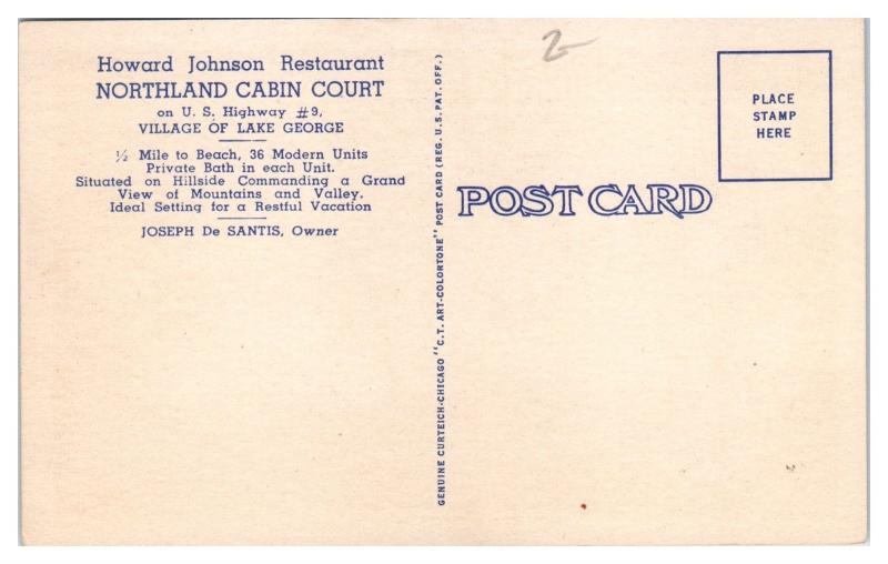 Mid-1900s Northland Cabin Court, Route 9, Lake George, NY Postcard