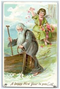 1907 Happy New Year Angel Flowers Father Time Boat Tuck's Embossed Postcard