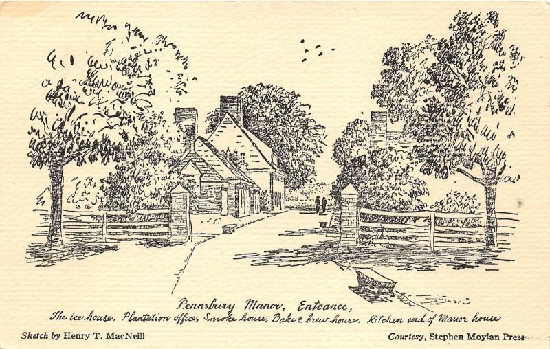 Falls Township-Bucks Co Pennsylvania~Pennsbury Manor Entrance~Drawn Image~'50s