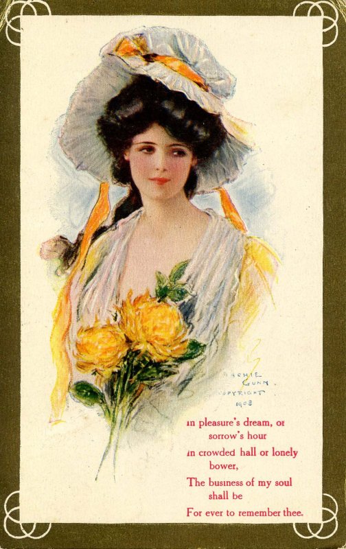 Lady with White Bonnet & Yellow Ribbon.  Artist: Archie Gunn