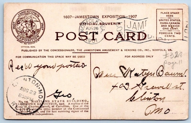 1907 MARYLAND STATE BUILDING JAMESTOWN EXPOSITION VIRGINIA POSTCARD